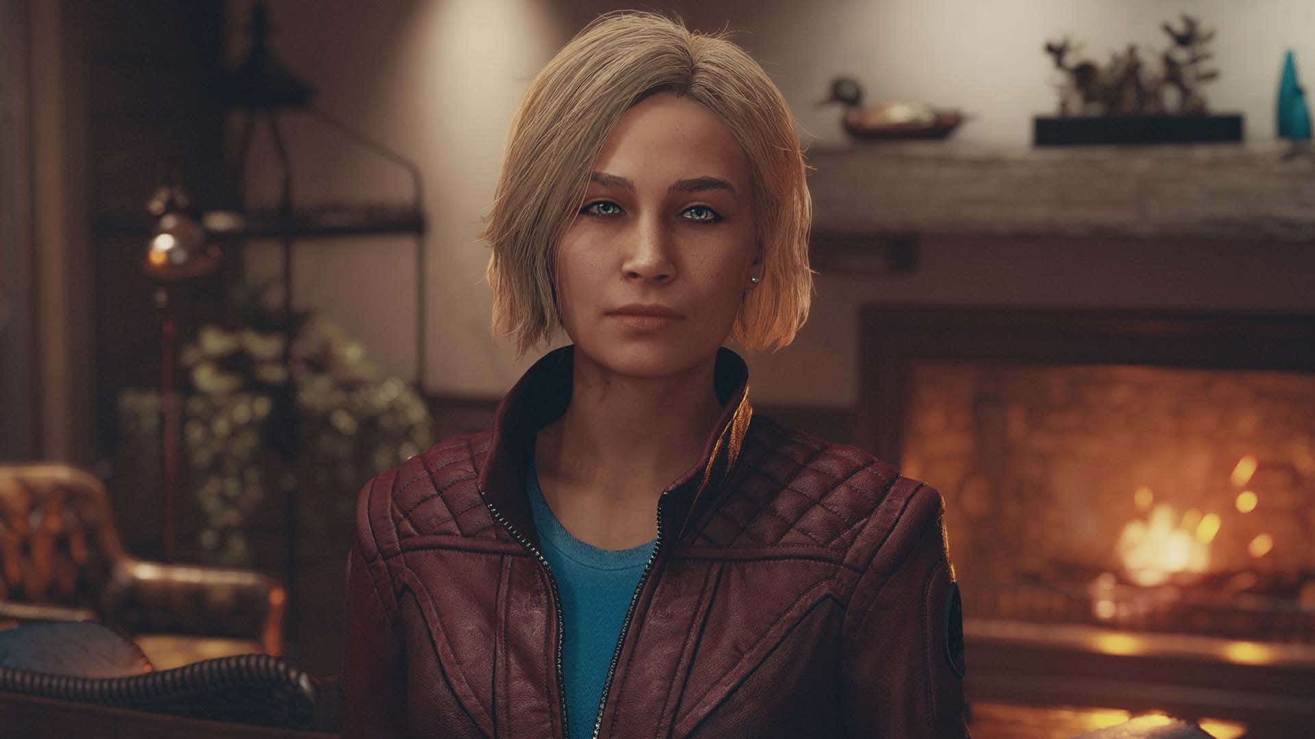 The screenshot shows a woman in Starfield standing in front of a fireplace.